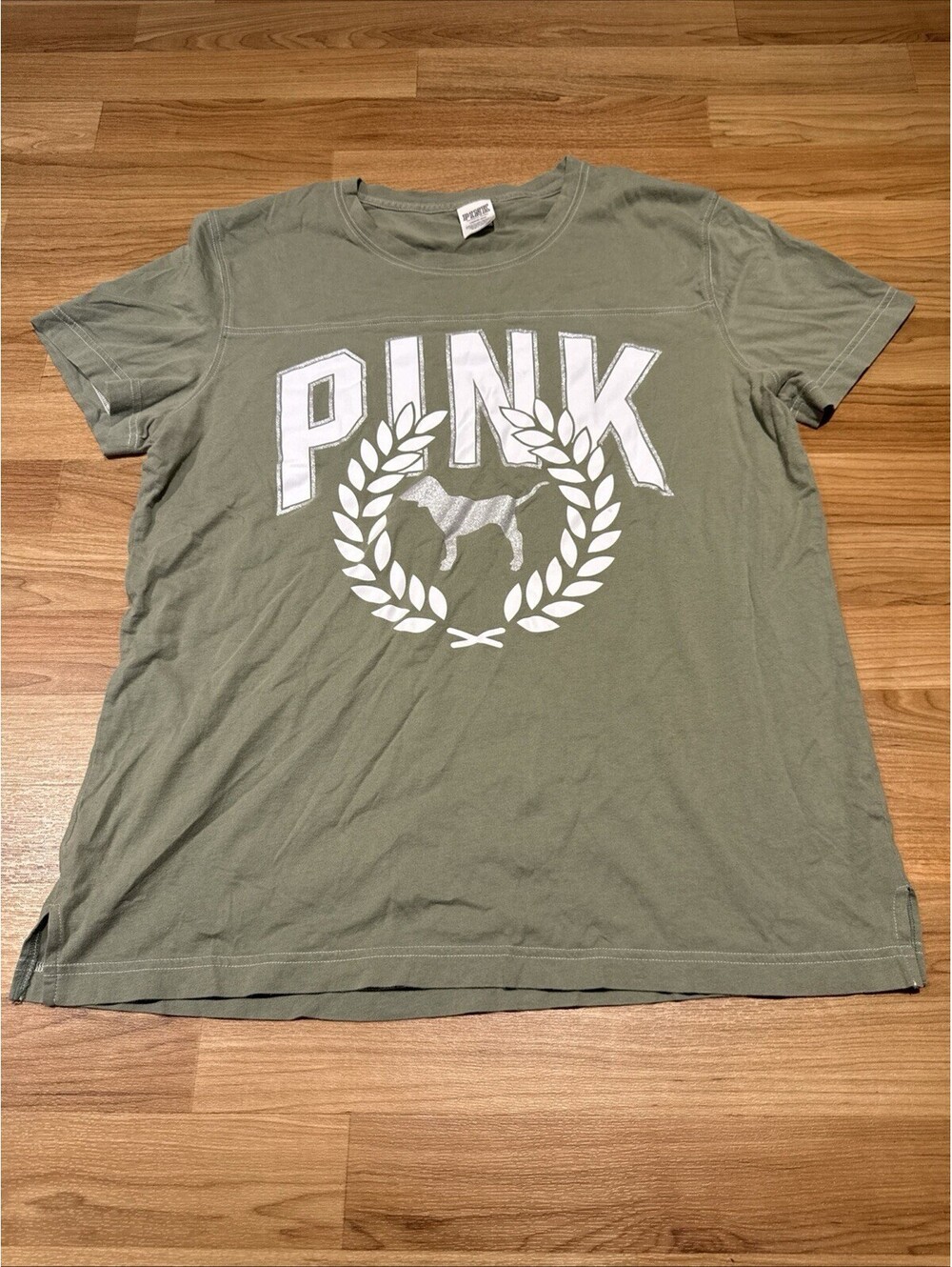 PINK Victoria’s Secret Silver Glitter Dog Perfect Tee Large
